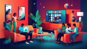 A vibrant scene showcasing a diverse group of people enjoying streaming on various devices including a smart TV, tablet, and laptop, all connected seamlessly through Getflix DNS. The background features a stylish, modern living room with subtle digital elements indicating smooth data flow and connectivity. Incorporate the Getflix logo and a globe symbolizing global content accessibility.