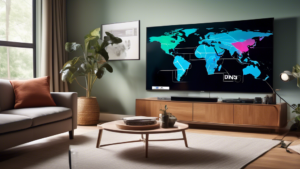 Create an image showcasing a modern living room with a Samsung Smart TV as the focal point. The TV screen displays vibrant streaming content from various global platforms (like Netflix, Hulu, BBC iPlayer). An overlay graphic shows a simplified icon of a globe and a DNS server, linked with dotted lines, illustrating the concept of Smart DNS. Around the TV, include subtle elements like a remote control, a comfy sofa, and a coffee table with snacks, evoking a cozy and enjoyable viewing experience.