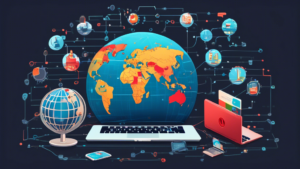 Create an image of a globe with various location pins highlighting different countries, and a laptop displaying Netflix content in the center. Surround the laptop with illustrated icons representing Smart DNS technology, such as a gear, a lock, and a globe with a network connection. The background should subtly blend in elements of digital streaming and connectivity.