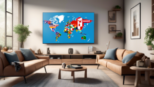 Create an image of a modern living room with a sleek Samsung TV mounted on the wall. The TV screen displays a world map with various country flags, representing global content access. Show a person holding a remote and navigating settings that feature Smart DNS options. Include visual elements like an internet router and a laptop on a nearby table to emphasize the tech-savvy environment.