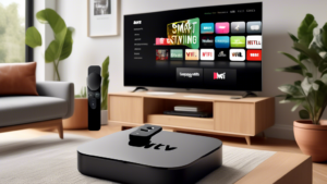 Create an image of an Apple TV in a modern living room setting, with a TV screen displaying various streaming service logos like Netflix, Disney+, and Hulu. The room should have a stylish and minimalistic decor. In the corner, show a Wi-Fi router and a laptop with the words 'Smart DNS Service' on the screen, indicating a seamless streaming experience.