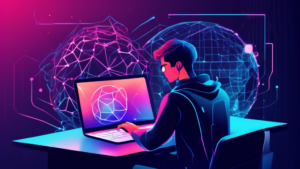 Create a high-quality digital illustration featuring a person using a laptop with a shield icon on the screen, symbolizing online privacy protection. The scene includes elements like a globe with connected nodes to represent the internet, and a Smart DNS symbol integrated into the shield. The background has a futuristic design with lines and connections to enhance the concept of advanced technology. Colors should be cool tones to represent security and trust.