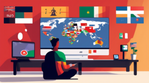 Create an image of a person comfortably sitting in a modern living room, watching a TV with streaming apps on the screen, while multiple country flags hover above the TV, representing global access. Nearby on a table, there's a sleek laptop displaying a web browser with tabs open to various international websites. A smart DNS service icon is subtly integrated into the design, indicating seamless global connectivity.