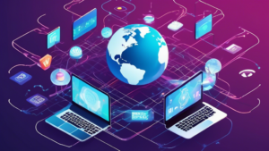 Create an image illustrating the concept of Understanding the Benefits of Smart DNS Proxy Servers, with a central focus on a globe surrounded by various streaming service logos. Show pathways connecting the globe to multiple devices such as laptops, smartphones, and smart TVs. Include icons that represent speed, security, and ease of access. The background should incorporate a digital grid or network lines to emphasize the tech aspect.