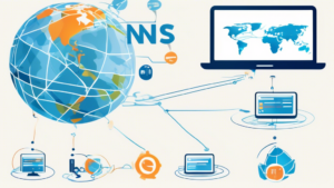 Create an image illustrating the concept of 'Smart DNS Servers' and their benefits. The visual should include interconnected servers with labels such as 'Speed', 'Access Content', 'Security', and 'Geo-Unblocking'. There should be a globe in the background with various network connections and digital devices like a laptop, smartphone, and tablet showing streaming platforms and websites being accessed without restrictions.