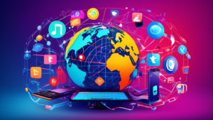 Create an image of a globe surrounded by various media icons such as streaming services, music notes, and social media logos, all interconnected with digital lines. In the foreground, depict a modern device, like a laptop or smartphone, displaying the SmartDNSProxy logo, symbolizing the unlocking of global content. Make the background a blend of vibrant colors that convey connectivity and access.