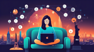 Create an image showing a person sitting comfortably on a sofa with a laptop, streaming a show on Hotstar. The background should depict various world landmarks like the Eiffel Tower, Statue of Liberty, and Sydney Opera House, symbolizing global access. Overlay subtle icons representing Smart DNS technology, such as network nodes and a globe, to visually convey seamless streaming from anywhere in the world.